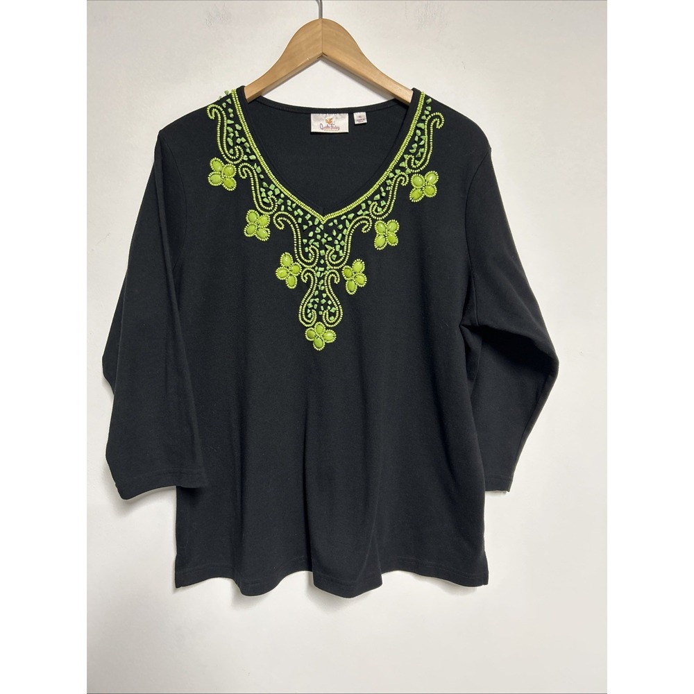 Quacker Factory Womens XL V Neck  Top Embroidered Beaded‎ Cruise Black Green